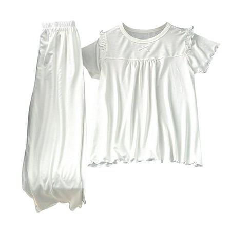 Gbsyewxs Girls Outfits Sets 2 Piece Crew Neck Short Sleeve Solid Color Tops And Elastic Waist Pants Set Loungewear Summer Toddler Outfits White Size 9-10 Years