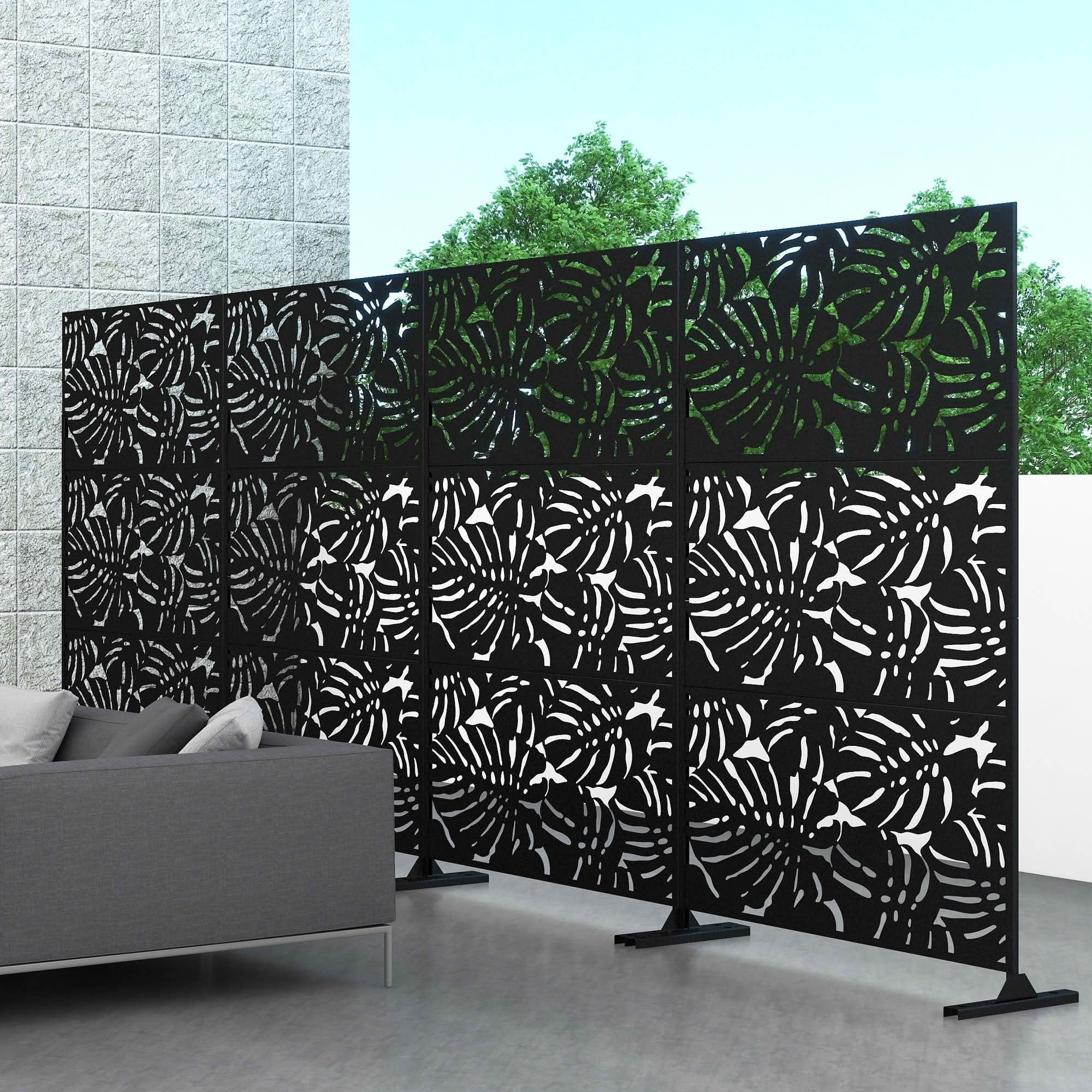 MAYEERTY 72x47x16 Inch Black Monstera Galvanized Steel Privacy Screen, 3 Piece Set for Outdoor Garden