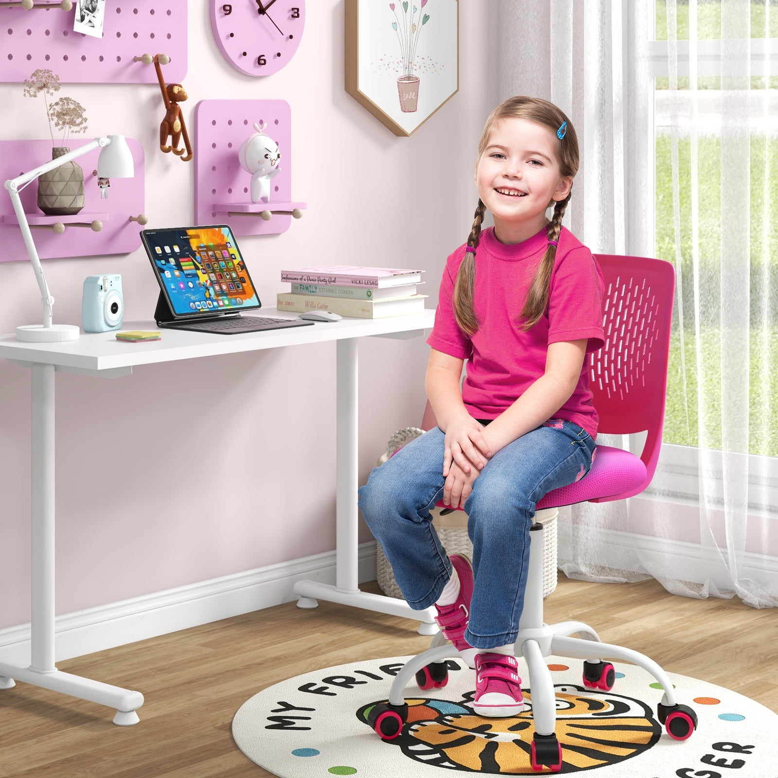 Costway Kids Desk Chair Ergonomic Swivel Children Mesh Study Height Adjustable Rose