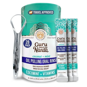 GuruNanda Coconut Oil Pulling with Essential Oils & Vitamins D, E & K2 -Travel Mouthwash for Oral Care - 28 Sachets