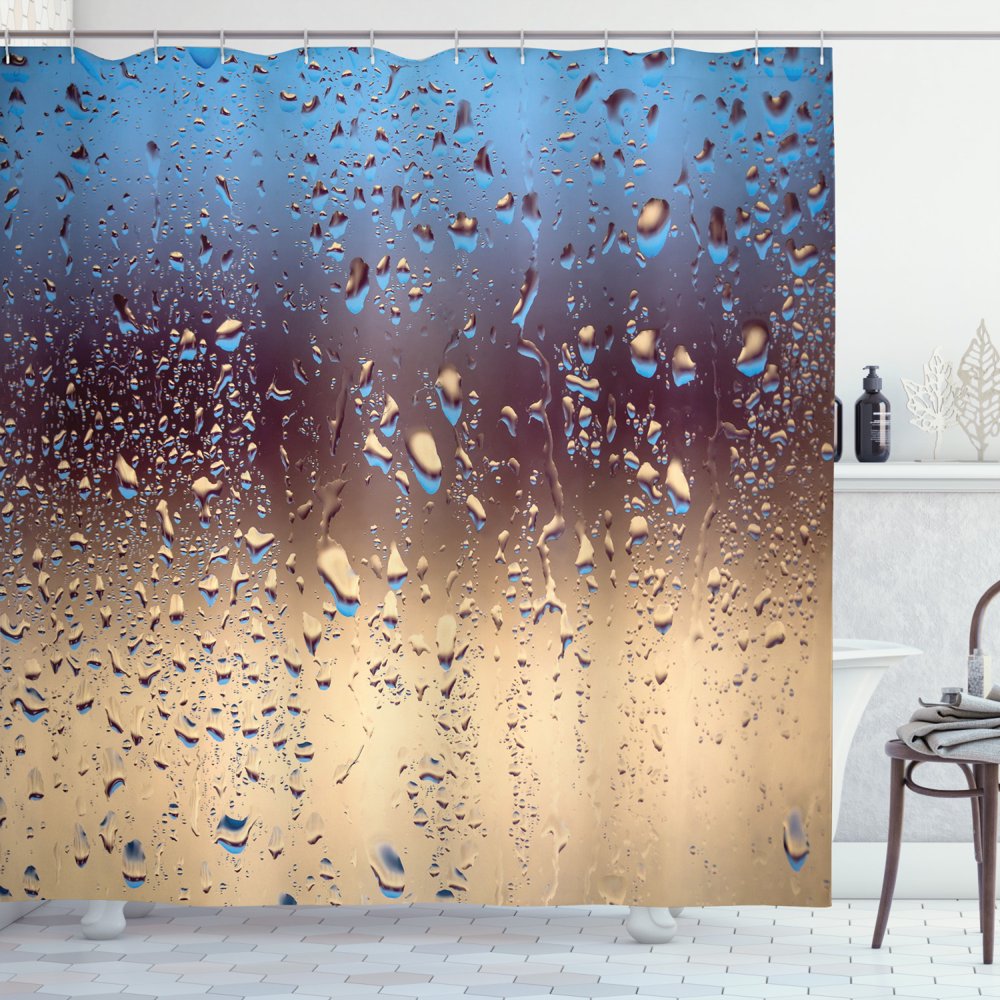 Rain Shower Curtain, Close Up Rain Drops on Glass Natural Sprays Sphere