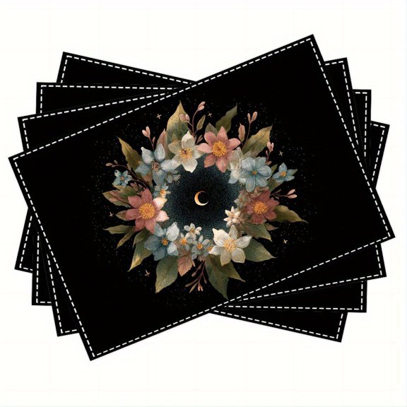 4pcs, Floral Lunar Eclipse placemats, fashion print pattern table mat, for dining table, kitchen, party, indoor, holiday, dinner parties and home decor (table mats) 12x18 Inch