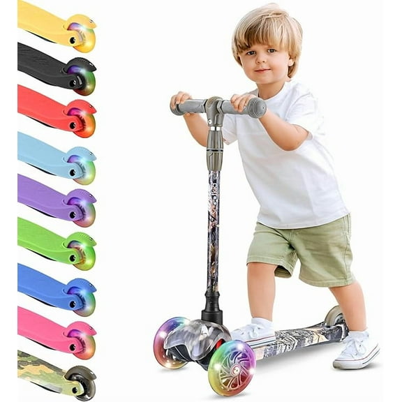 Monopatin Scooter para Niños de 2 a 5 Años Hurtle, 3 Ruedas con Luces LED, Mini Kickboard con Freno, Manillar Ajustable de 63 cm a 71 cm, Antideslizante, Patin del Diablo, Arbol