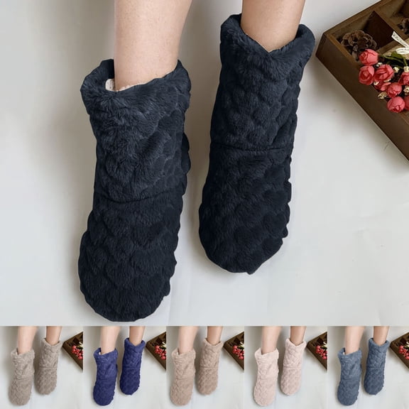 Womens Plush Fleece Lined House Slipper Socks Warm Cozy Non Slip Indoor Mid Calf House Booties