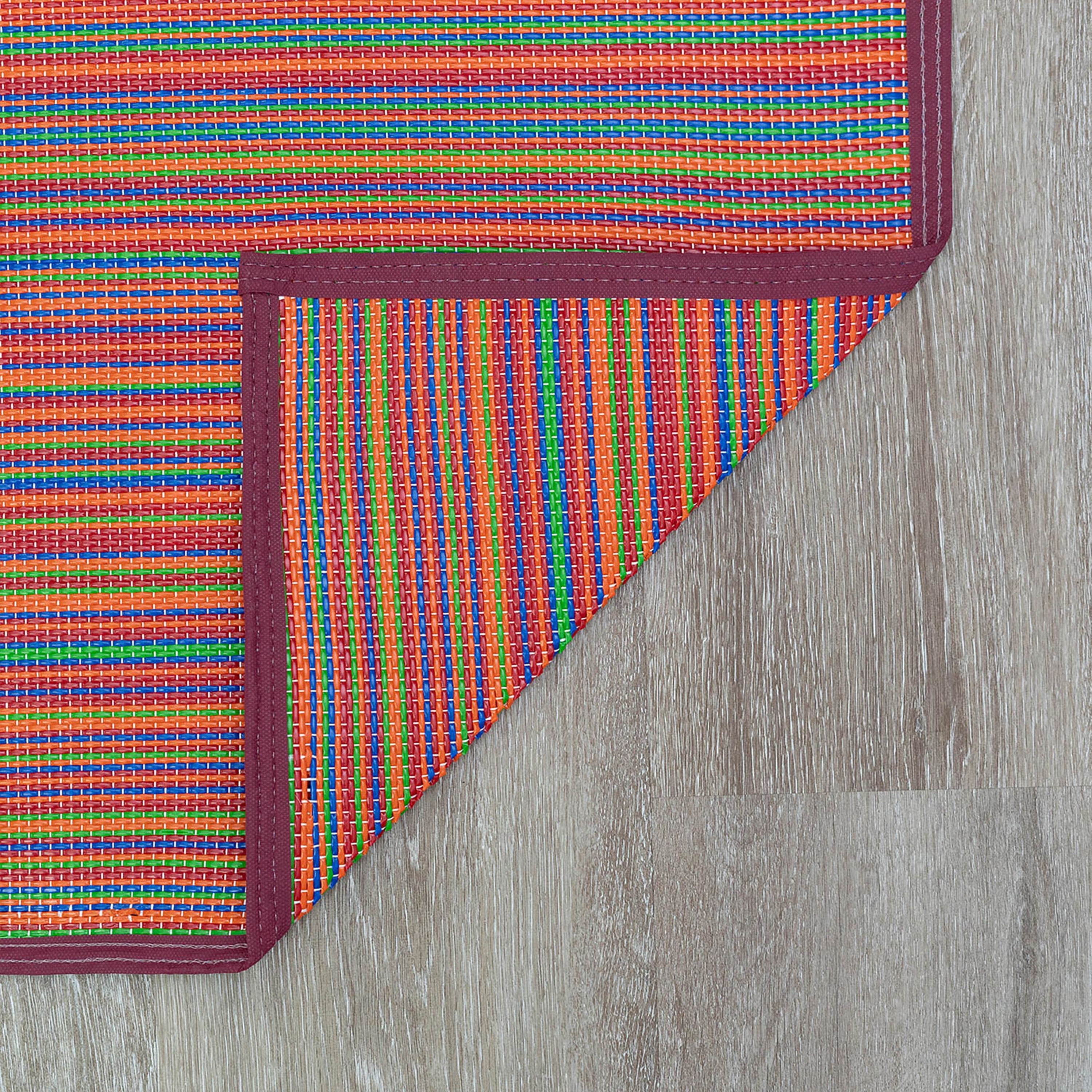 Luna Contemporary Stripe Red and Blue Polypropylene Reversible Plastic Straw Outdoor Area Rug, 5' x 6'11'' Rectangle