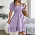 thumbnail image 6 of WRKEKC Summer Dresses for Women Solid Square Neck Puff Sleeve Elastic Smocked Waist Ruffle a Line Midi Flowy, 6 of 8
