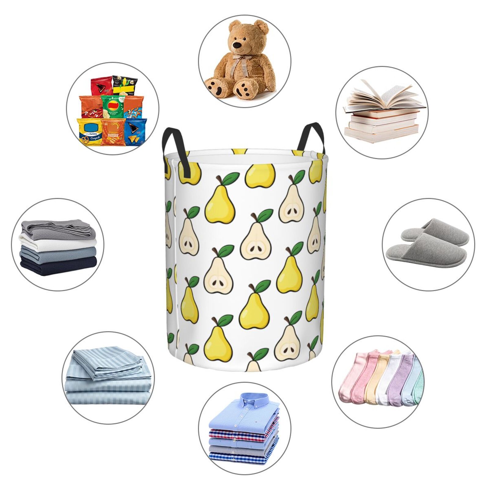 Large Laundry Basket with Handles - Cute Yellow Pear Green Leaves Kids Baby Dirty Clothes Laundry Hamper for Bedroom Aesthetic