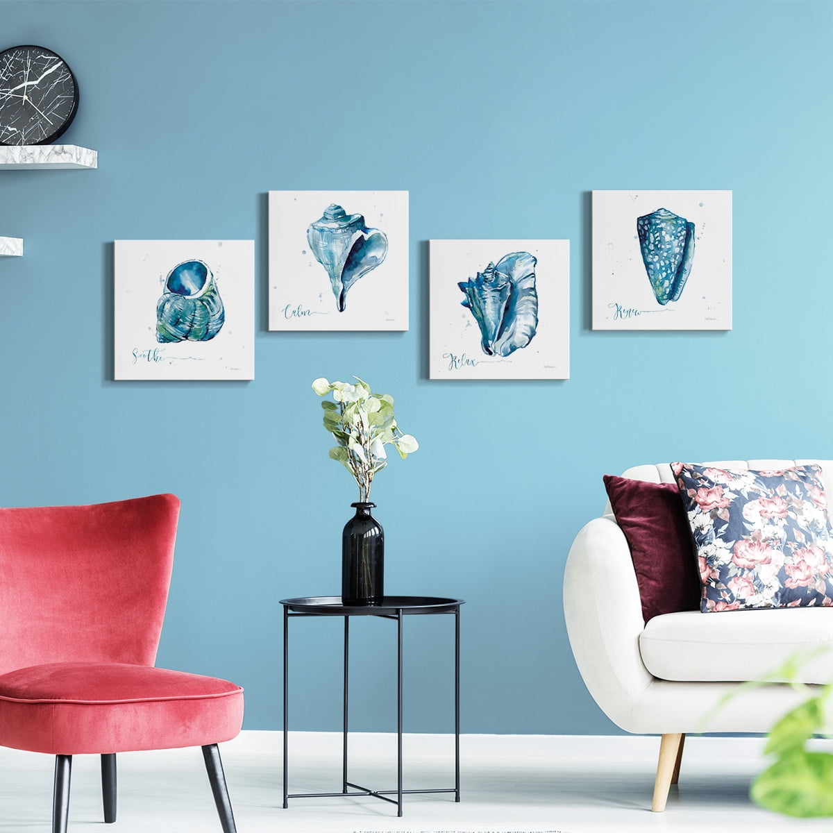 Wexford Home Seashell Beach House Theme Wall Décor 16 x 16 inches, Set of 4 Nautical Wall Art Canvas Prints Decoration for Bathroom Bedroom Living Room