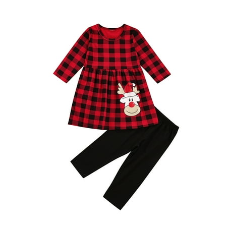 

sdghg Baby Long Sleeve Dress + Trousers Plaid Pattern Cartoon Christmas Elastic Waist Clothing