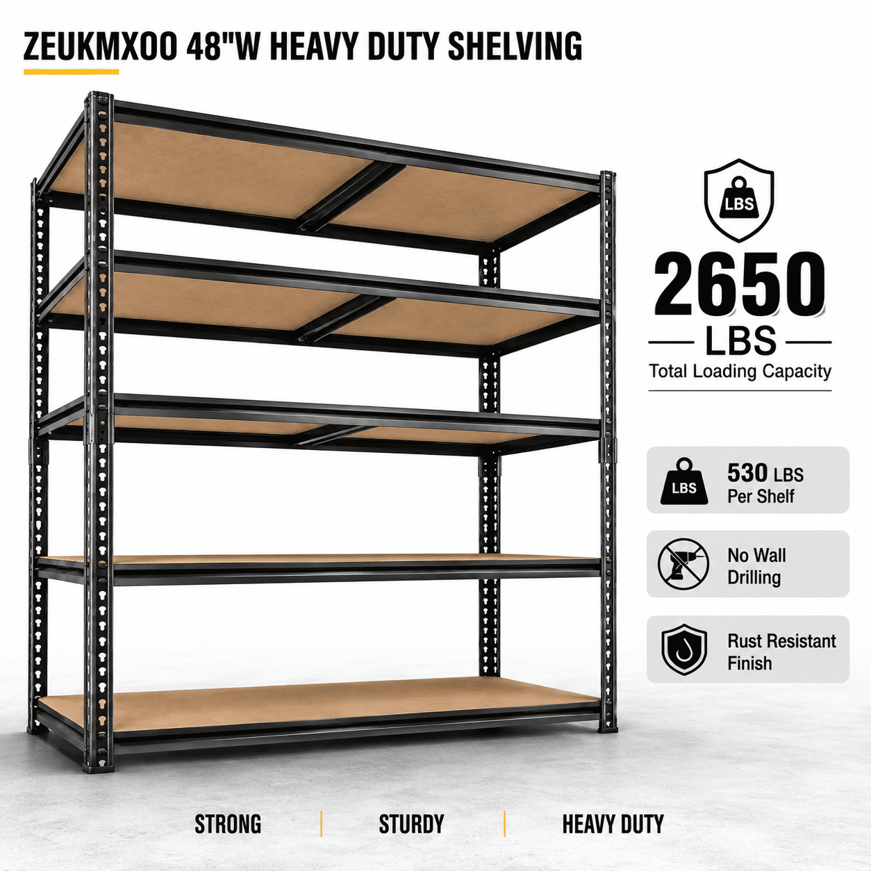 ZEUKMXOO 48"W Heavy Duty Garage Storage Shelves, 2650LBS Adjustable Industrial Metal Shelving Shelf Unit