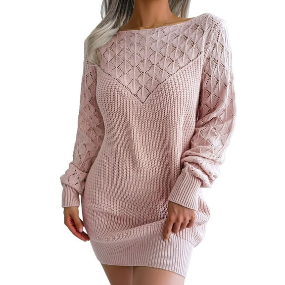 HNMKIU Womens Fashion Casual Long Sleeve Solid Knit Turtleneck Long Puff Sleeve Ribbed Short Sweater Dress for Women Pink,L