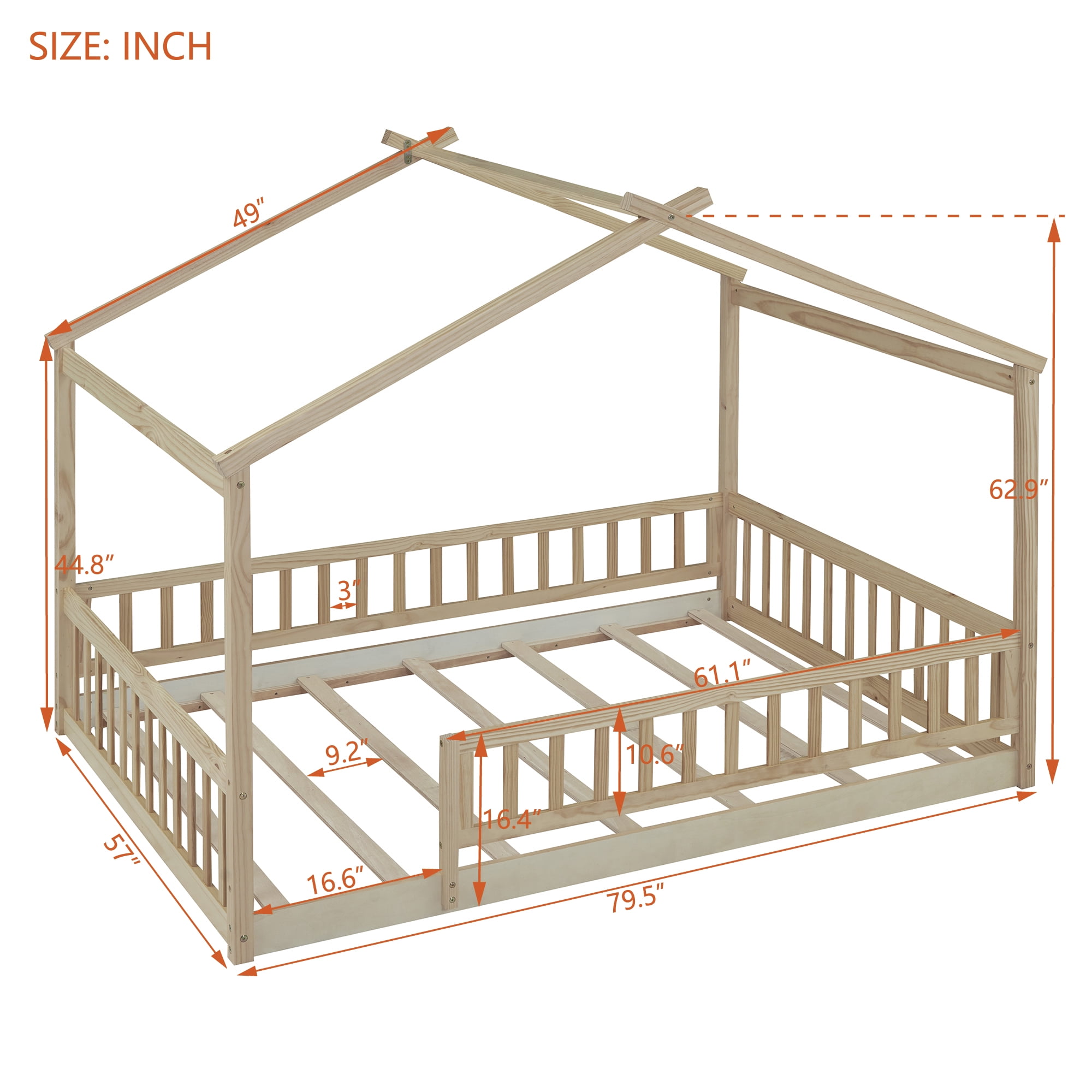 Bellemave Full Size House Floor Bed, Wooden Montessori Full Bed with Fence Railings and Support Slats, No Box Spring Needed (Natural)