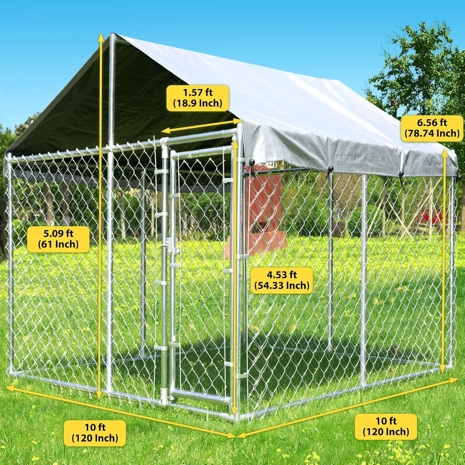 10'x10'x6.56' Large Outdoor Dog Kennel with Roof, Heavy Duty Outside Dog Run Enclosure Dog Pen House Pet Playpen with Galvanized Chain Link, Lockable Door