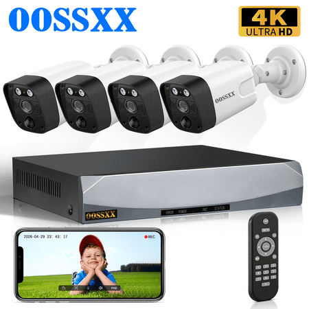 OOSSXX 4K PoE Security Camera System, 4 Cameras 8 Channel NVR System without HDD