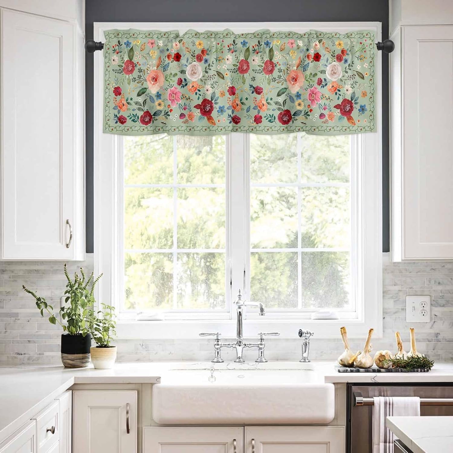 Flowers Sage Green Kitchen Curtains and Valances Set, Rod Pocket Curtains Tier Farmhouse Window Curtains 24 Inch Length, Botanical Colorful Floral Leaves 3 Piece Kitchen Curtains Set
