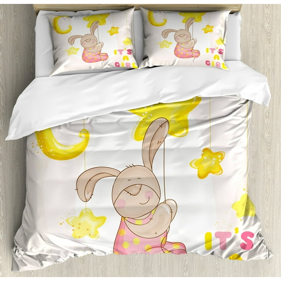 Ambesonne Moon Duvet Cover Set, Cartoon Bunny Stars Moon, Calking, Pale Pink Yellow Tan