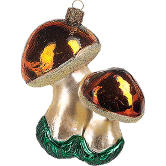 Pair of Brown Mushrooms Polish Glass Christmas Tree Ornament Made in Poland