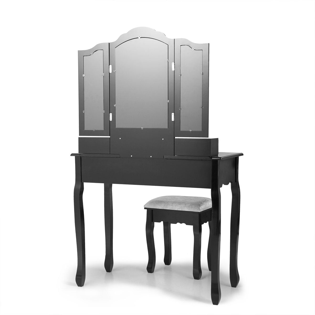 Kepooman Vintage Wooden Vanity Set, Makeup Dressing Desk with Cushioned Stool & Tri Folding Mirror - Black Kepooman Vintage Wooden Vanity Set, Makeup Dressing Desk with Cushioned Stool & Tri Folding Mirror - Black