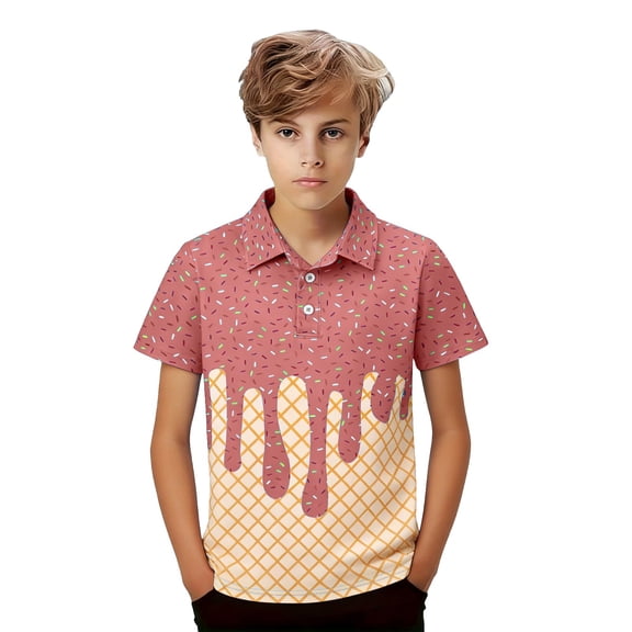YunPes Boys Short Sleeve Polo Shirts Ice Cream Graphic Print Collared Golf Shirts Funny Preppy Uniform Kids Summer Pullovers