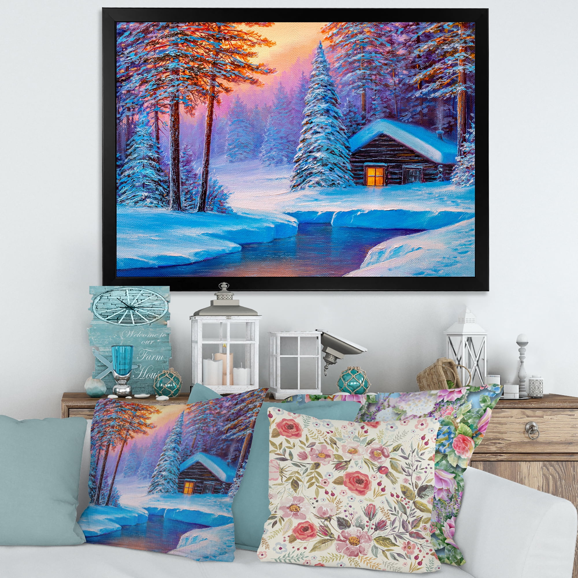 Designart 'Old Cabin In Winter Forest In Evening Glow I' Traditional Framed Art Print