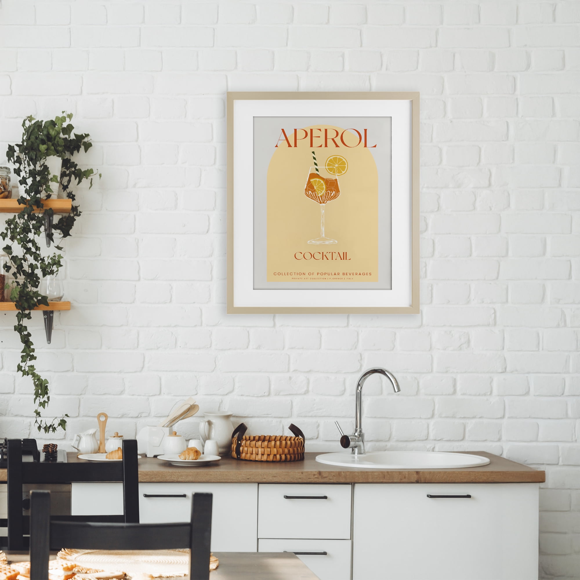 Stylish Retro Aperol Cocktail Birch Framed Print Under Glass, design by Lil' Rue