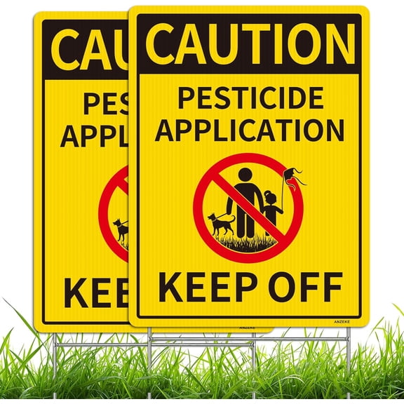 Caution Pesticide Application Keep off Yard Sign with Metal Stake Set, 2PC-12.6"x9.5" Commercial Grade Corrugated Plastic, Double Sided, UV Protected, Weather/Fade Resistant, Easy Installing