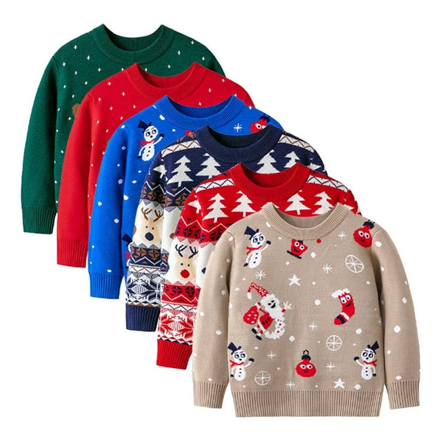 Chandail de Noël pour Tout-Petits Automne Hiver pour Garçons Filles Chandail Col Rond Tricoté Bébé Noël Cartoon Chandail en Molleton Extensible 2-9 Ans