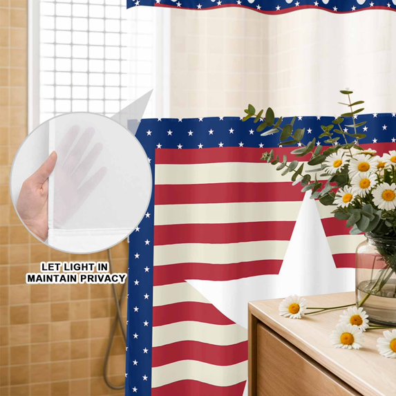 No Hook Shower Curtain with Built-in Rings - Patriotic American Star Pattern Washable Waterproof Fabric Bathroom Curtains for Hotel,Rentals, Stall 54 X 78 Inch , Red White Striped