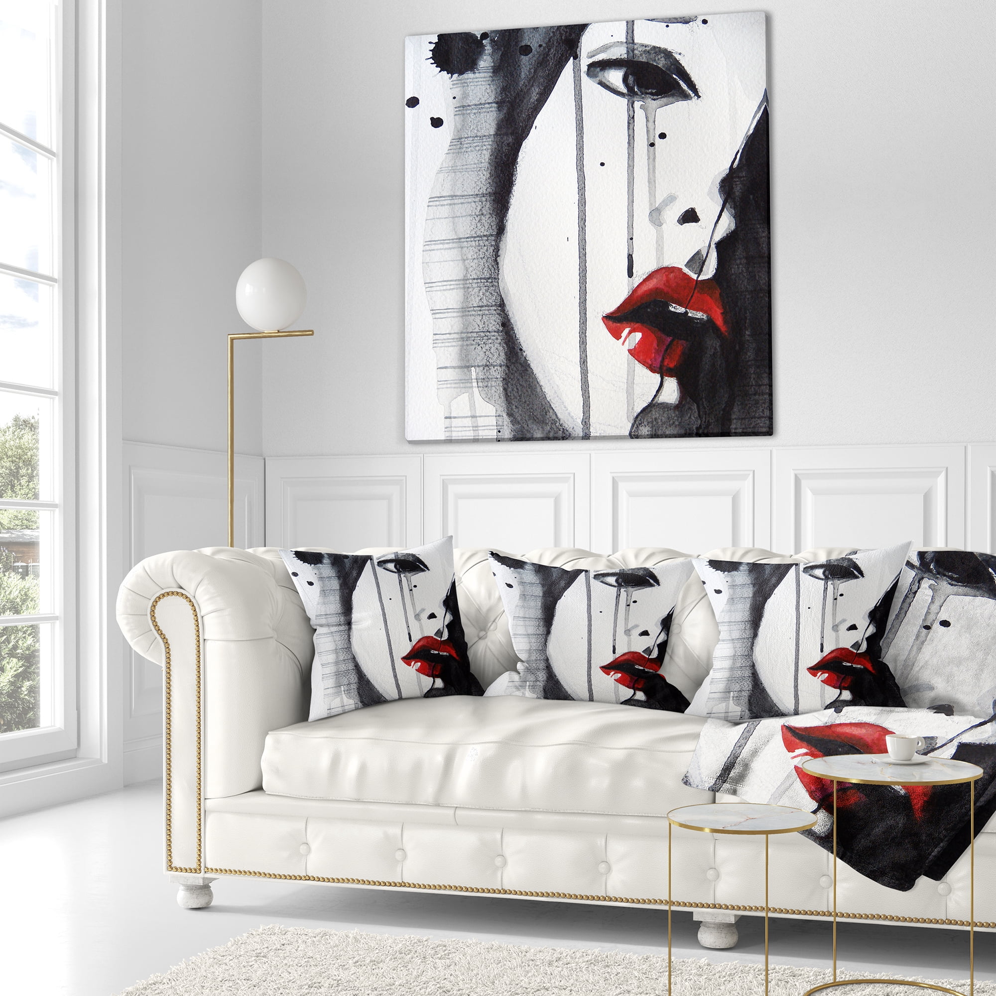 Designart Black Illustrated Girl Close up - Abstract Portrait Throw Pillow - 18x18