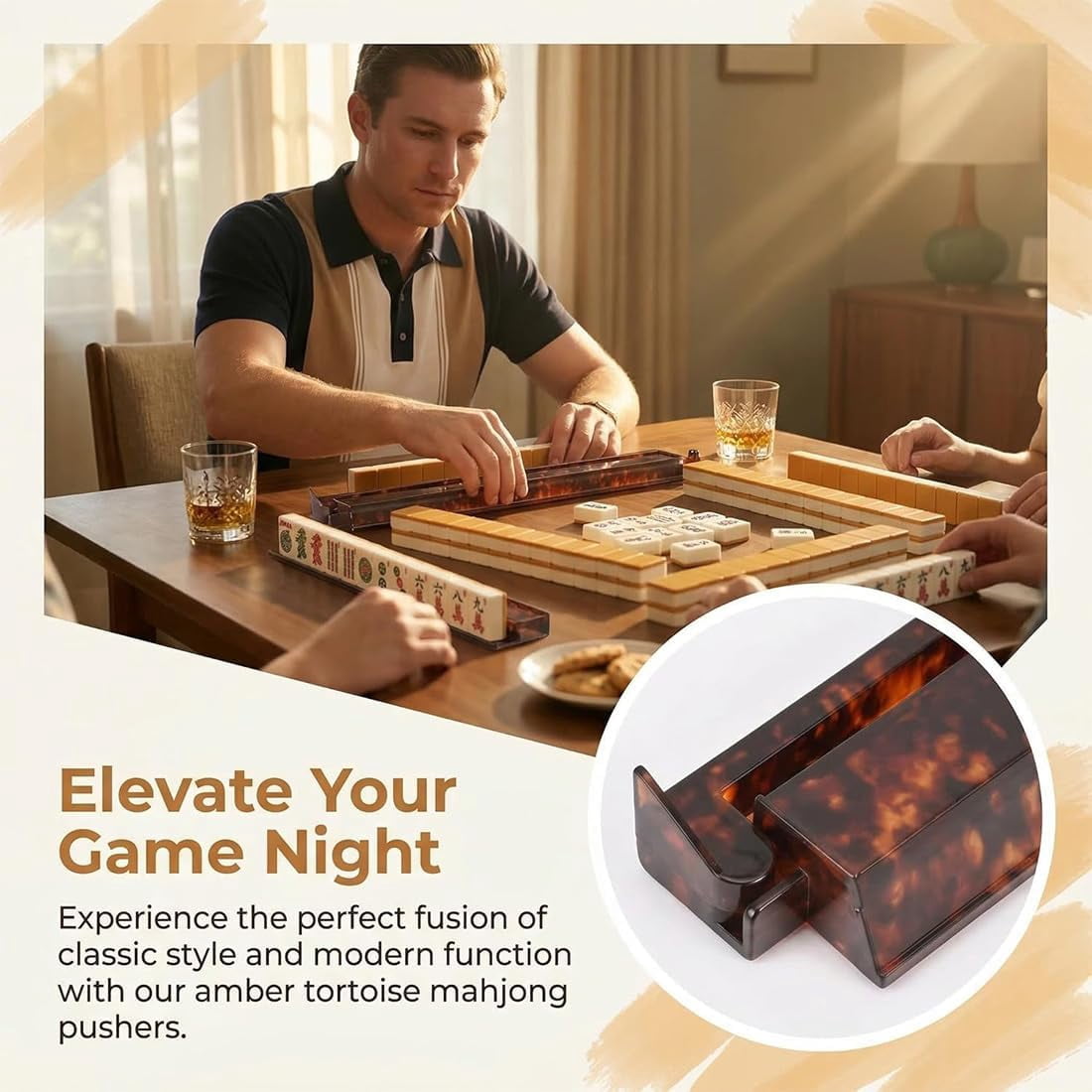 Tortoise Shell Mahjong Racks with Pushers Set , Acrylic Tortoise Mahjong Racks Extended 17.5 Inch Tile Holders, Smooth Sliding Pushers for American Mahjong Game Accessories (4PCS)