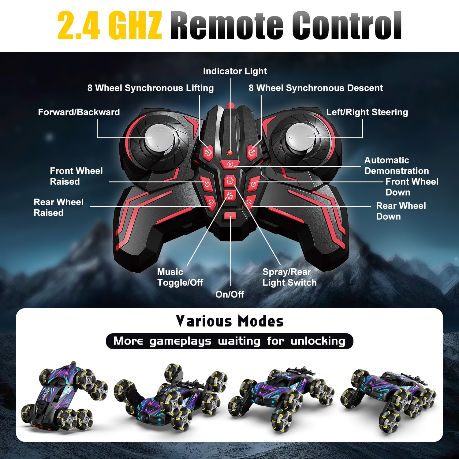 Remote Control Cars, 8WD RC Cars Toys for 7 8 9 10 11 12 Year Old Boys Toy, 2.4Ghz Fast Stunt, Transform Drift Stunt Cars for Age 8-12 Outdoor Toys, w/Light & Smoke, Perfect Birthday Gift