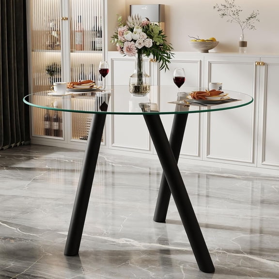 35" Round Glass Dining Table for 4 Tempered Glass Top |Small Space Kitchen & Home Office Table
