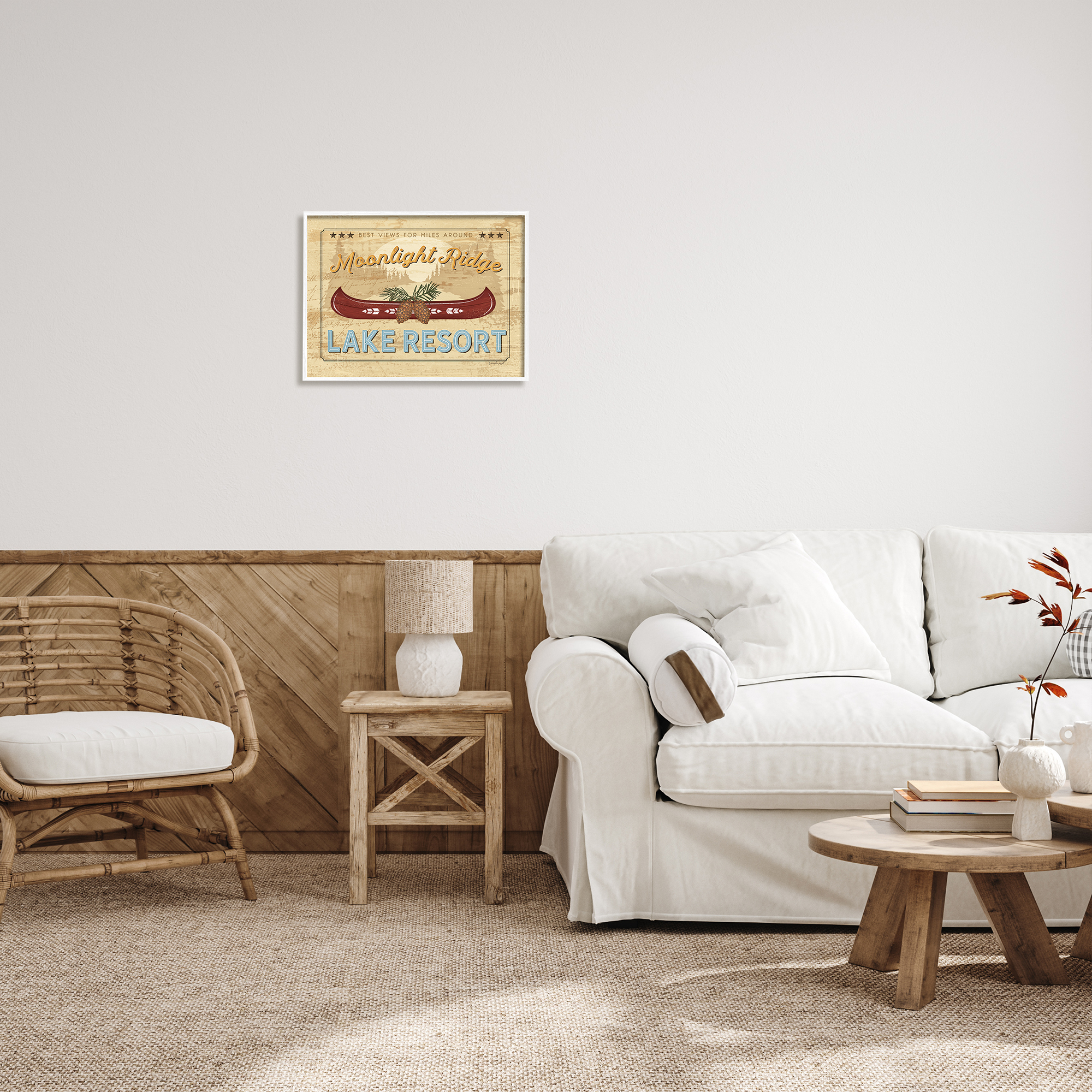 Stupell Moonlight Ridge Lake Resort Canoe Landscape Painting White Framed Art Print Wall Art