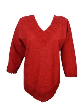 Mogul Womens Blouse Top Cotton Red Embroidered Long Sleeves Summer Comfy Tops