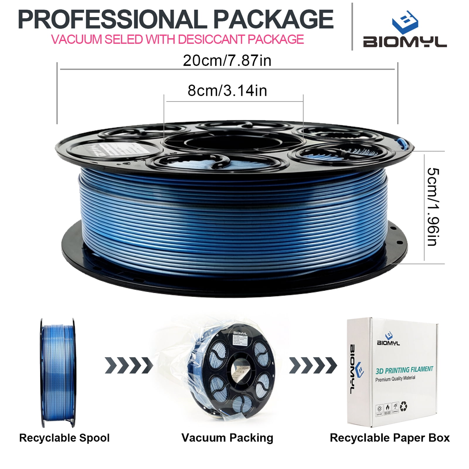 BIOMYL PLA 3D Printer Filament, PLA Filament 1.75mm Dual Blue/Silver Color Filament Silk PLA, 1kg Spool, Accuracy +/- 0.03mm