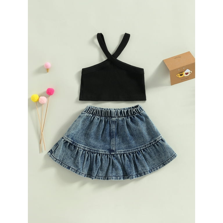 Suanret Kids Toddler Girls Summer Skirts Outfits Casual Solid Color Ribbed Camisole Elastic Denim Skirt Sets Black 2 3 Years Walmart