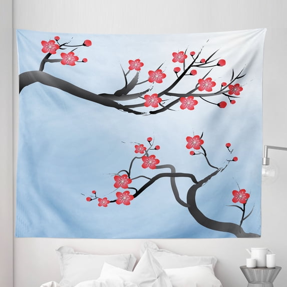 Chinese Art Tapestry, Spring Renewal of the World Flowers Cherry Blossoms Art, Fabric Wall Hanging Decor for Bedroom Living Room Dorm, 5 Sizes, Pale Blue Dark Grey and Coral, by Ambesonne