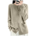 thumbnail image 2 of Vivianyn HD Women's Crew Neck Button Down Cardigan, Long Sleeve Casual Knit Sweater with Pockets,Khaki,Size S-XXL, 2 of 5