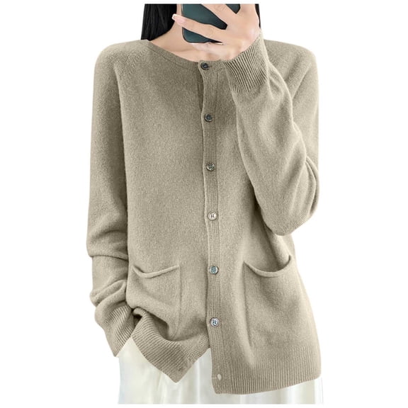 Ltctricy Cardigan Sweaters for Women Soft Long Sleeve Crewneck Button down Knit Cardigans Casual Outwear Coats with Pockets(Khaki,X-Large)