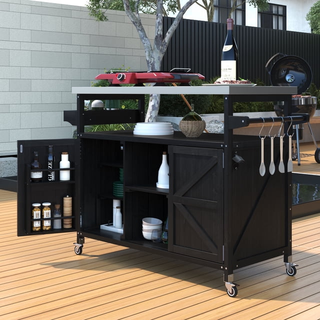 HMSHA Îlot de Cuisine Extérieur, Chariot de Bar Roulant et Armoire de Rangement, Table de Gril Extérieur en Bois Massif Style Ferme avec Dessus en Acier Inoxydable, Porte-Épices, Porte-Serviettes pour Cuisine et Barbecue, Noir