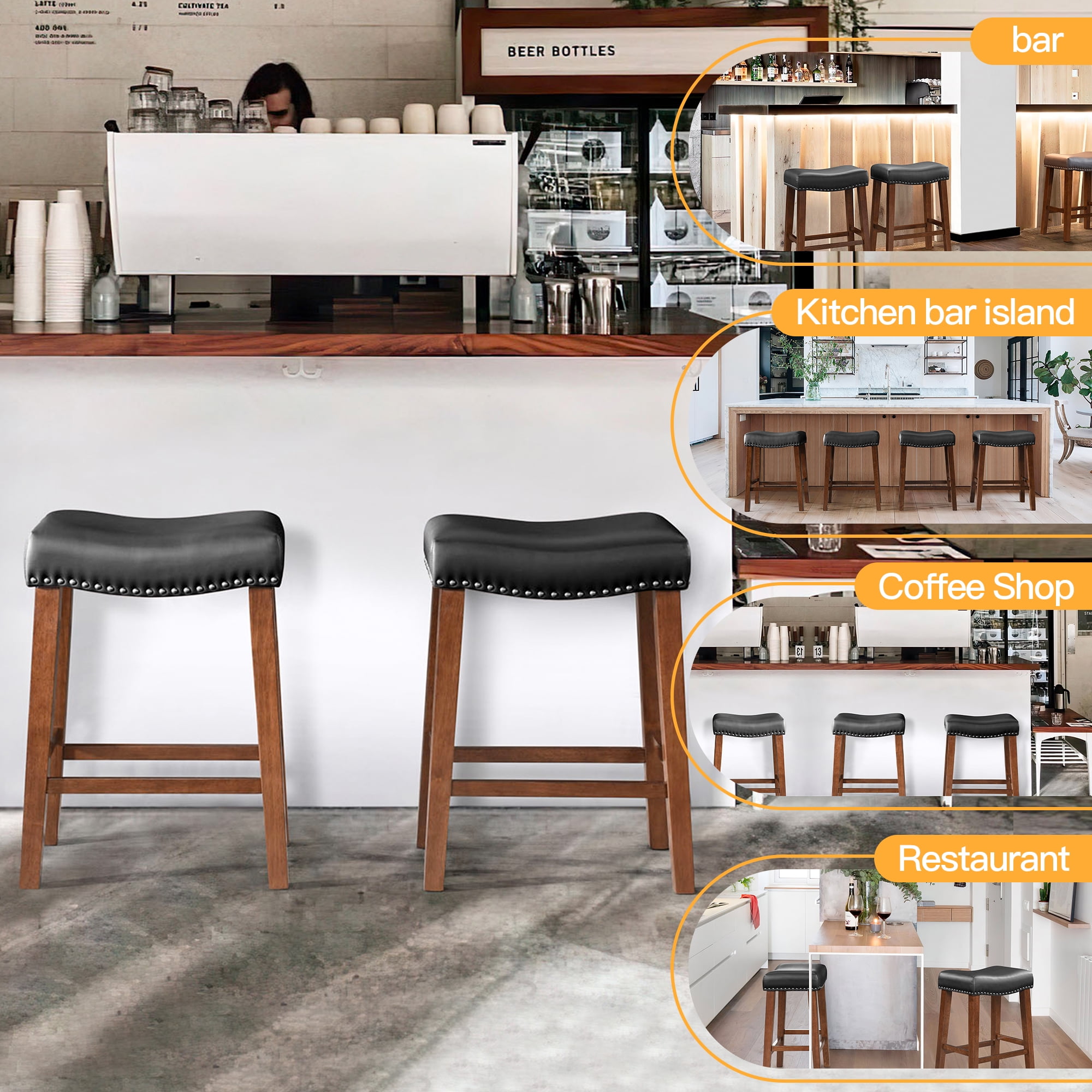 26 Inch Counter Height Bar Stools Set of 2 Saddle Barstools for Kitchen Island Counter, Bonded Leather Kitchen Stools, Black