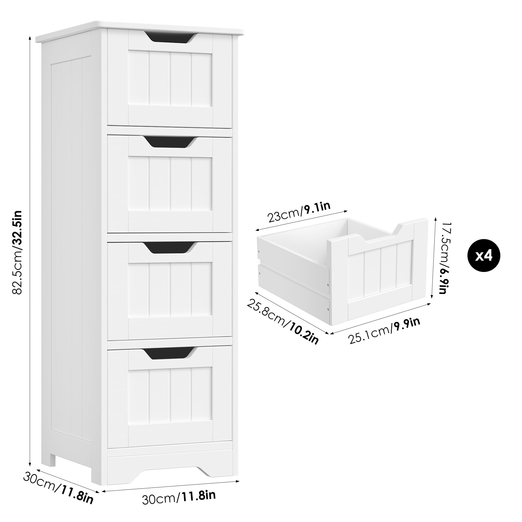 Homfa Bathroom Storage Cabinet, Free Standing Narrow Cabinet with 4 Drawers Entryway Storage Organizer for Living Room Bedroom, White