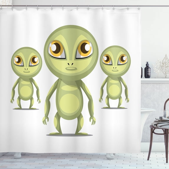 Alien Shower Curtain, Cartoon of Big Eyed Greenish Extraterrestrial Creatures Pattern, Fabric Bathroom Set with Hooks, 69W X 70L Inches, Avocado Green Mustard Dark Cocoa, by Ambesonne