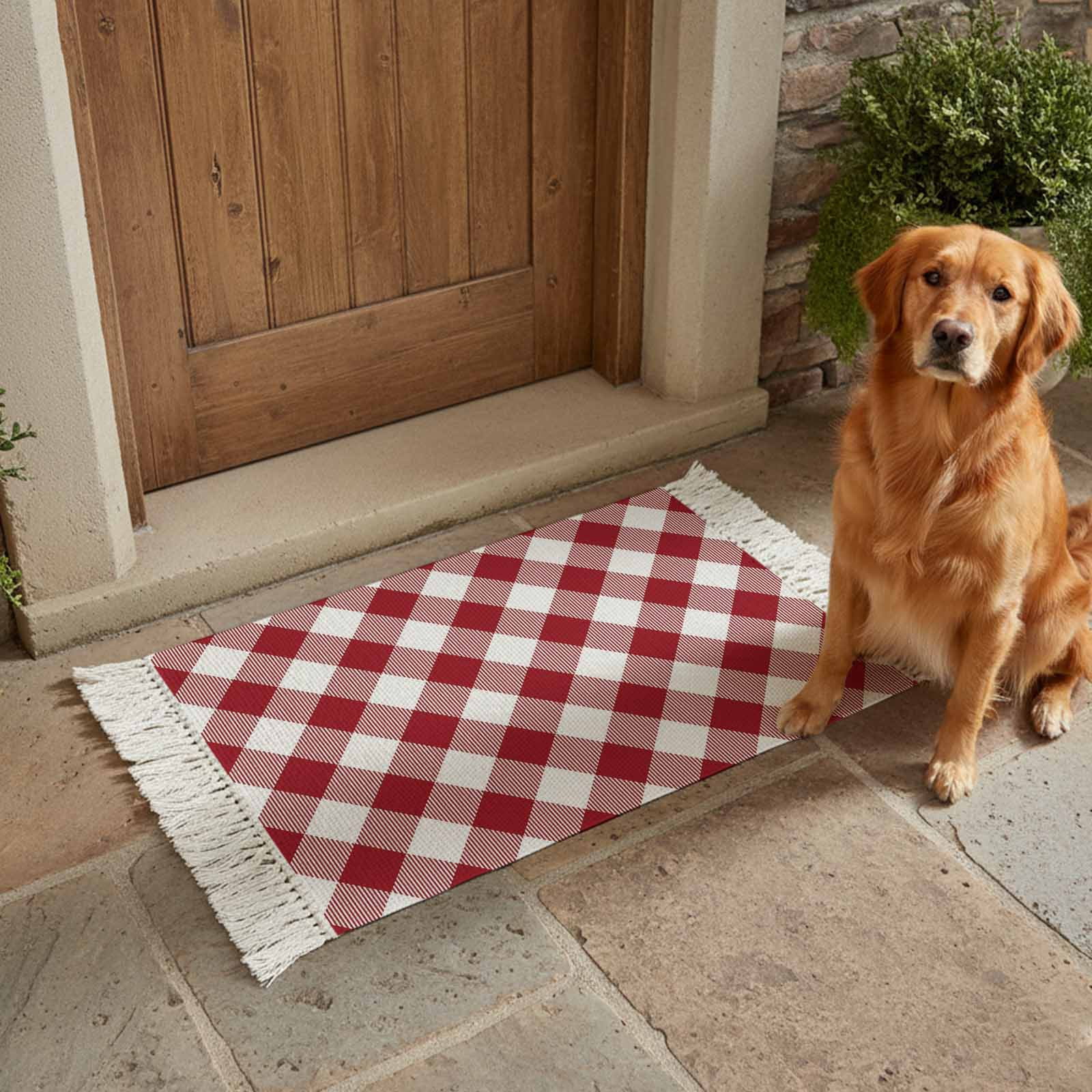 Kitchen Runner Rugs, Red and White Plaid 2'x3' Throw Rug with Tassels, Buffalo Check Tartan Washable Soft Floor Carpet Runner for Hallway Bedroom Bathroom Laundry Room