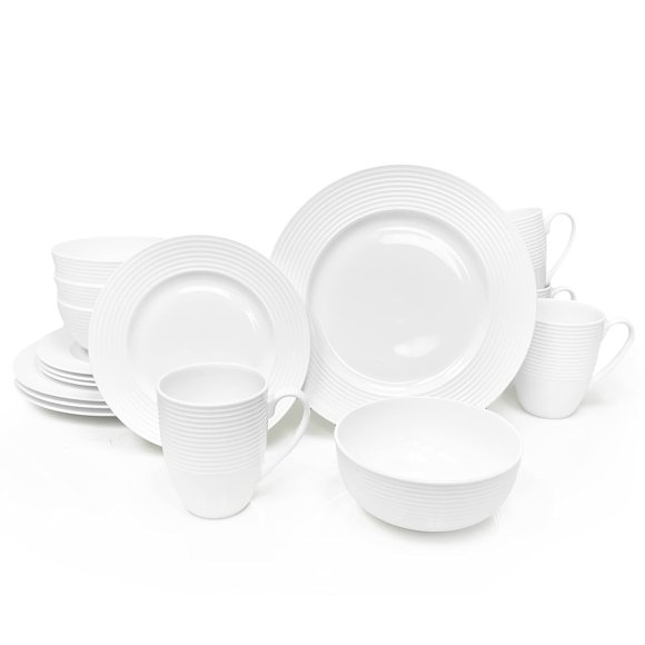 Ensemble de Vaisselle en Porcelaine d'Os 16 Pcs, Service pour 4, Cercle Gaufré Blanc, Compatible Micro-Ondes, Articles-Cadeaux Élégants Translucides, Ensemble de Vaisselle Formel, Essentiel pour la Maison, le Quotidien, Vaisselle de Cuisine, Ensemble de Vaisselle