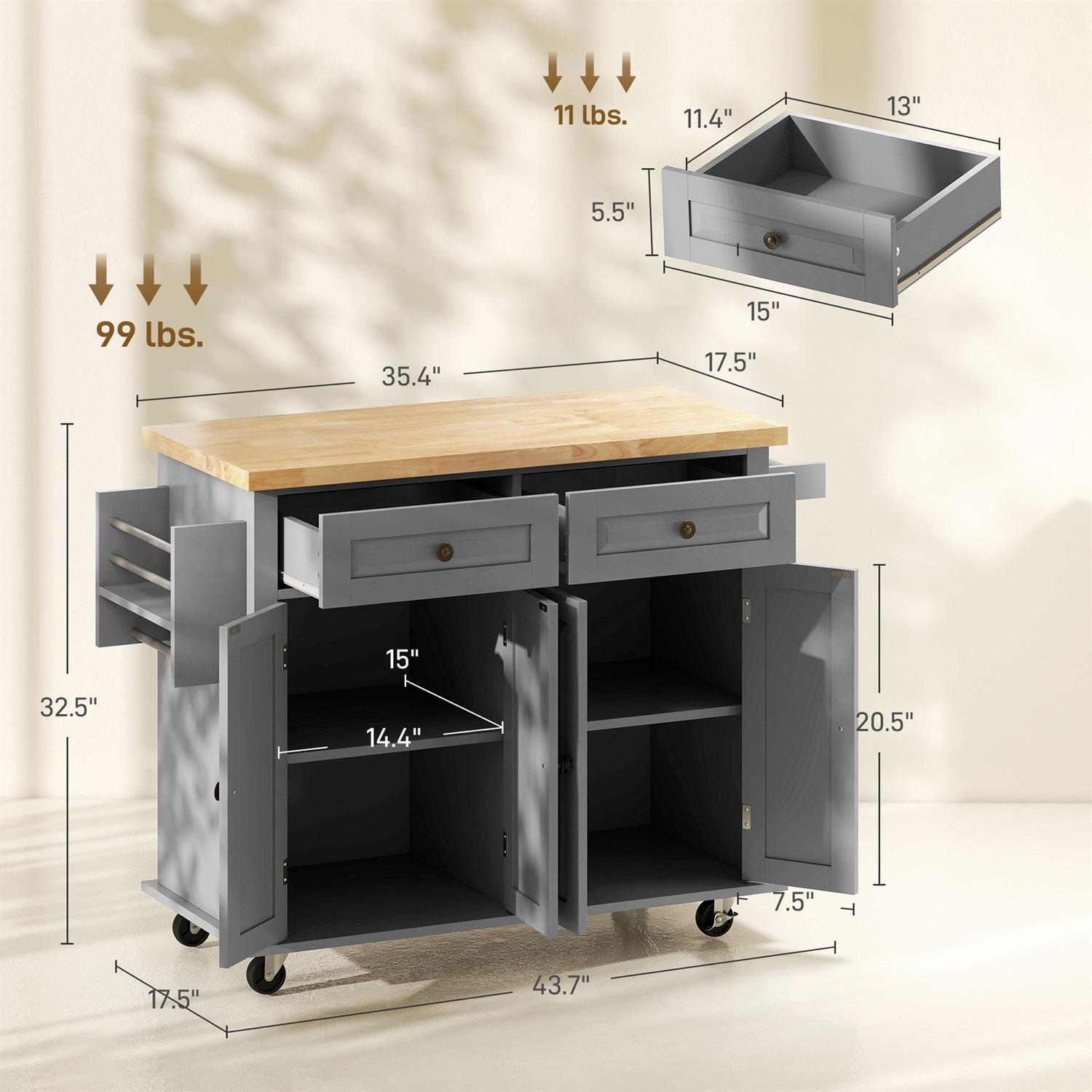 Demi Bonn 43" Rolling Kitchen Island Table Cart with Rubber Wood Top, Drawers, Adjustable Shelves, Spice Rack and Towel Rack for Dining Room, Gray