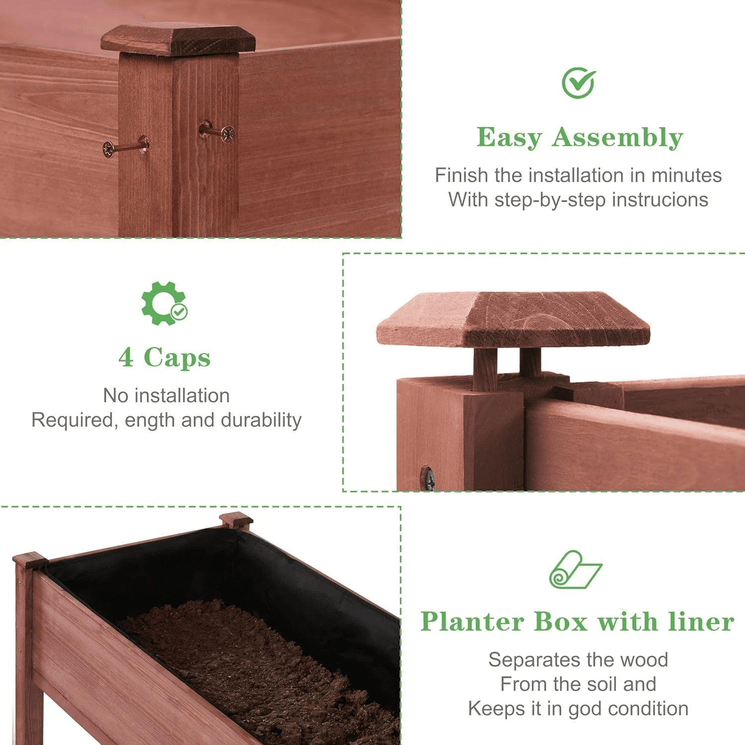 Raised Beds for Gardening, Outdoor Garden Bed Wooden W/Legs, Above Ground Elevated Flower Shrub Bed wiith Linner, Brown 48 x 24 x 30''