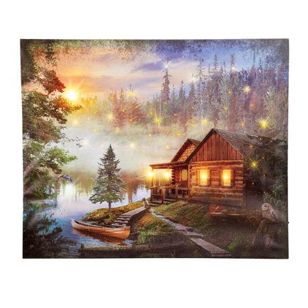 Fiber Optic Framed - Rustic Woodland Cabin Lighted Canvas Wall Art with Fiber Optic Lights, 17