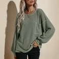 thumbnail image 2 of Women Pullover Round Neck Puff Long Sleeves Loose Hem Pure Color Casual Top with Pocket Green L, 2 of 6