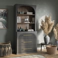 thumbnail image 3 of BELLEZE Display Storage Cabinet with Hutch, 72" Tall Wood Modern Bookshelf with 3 Drawers, Door Cabinet for Office, Study, Kitchen, Dining Living Room, Ebony, 3 of 7